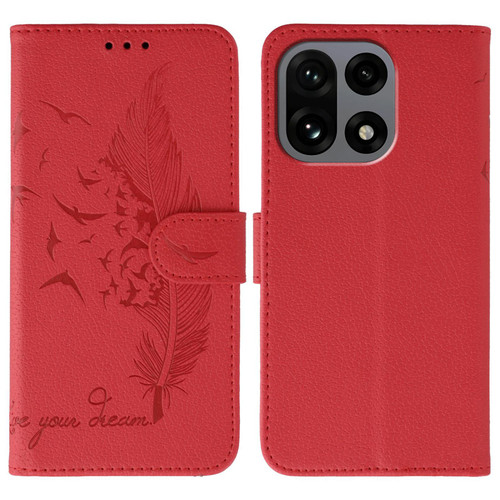 OnePlus 15 Feather Pattern Litchi Texture Leather Phone Case - Red