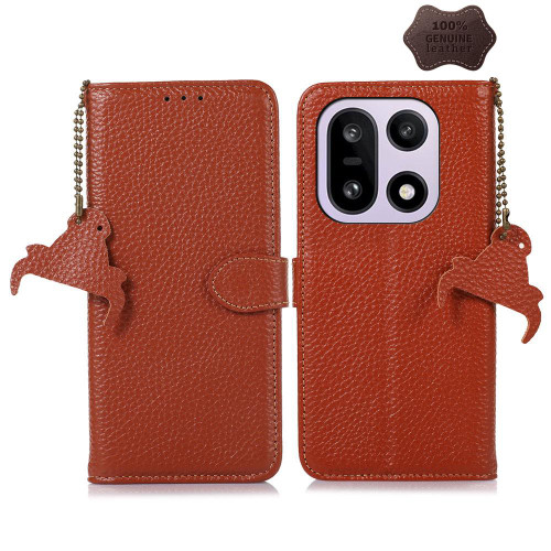 OnePlus 15 Genuine Leather Litchi Texture RFID Leather Phone Case - Coffee