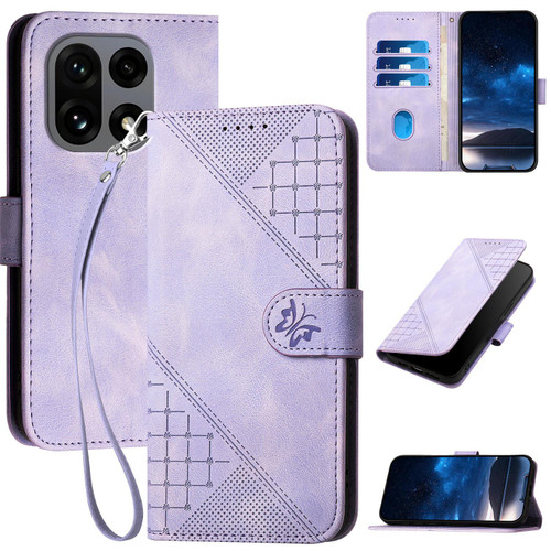 OnePlus 15 Grid Butterfly Embossed Pattern Flip Leather Phone Case with Lanyard - Light Purple