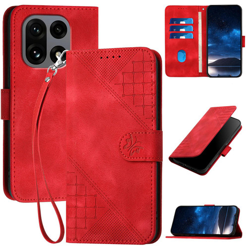 OnePlus 15 Grid Butterfly Embossed Pattern Flip Leather Phone Case with Lanyard - Red