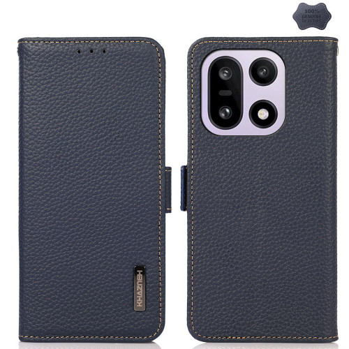 OnePlus 15 KHAZNEH Side-Magnetic Litchi Genuine Leather RFID Phone Case - Blue