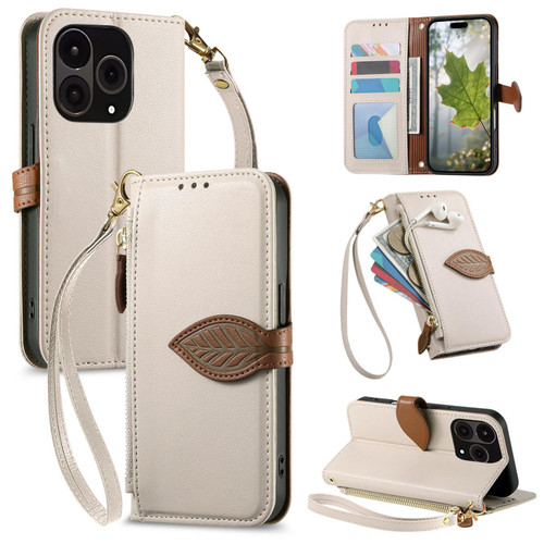 Oneplus 15 Leaf Buckle Zipper Wallet Leather Phone Case with Strap - Beige