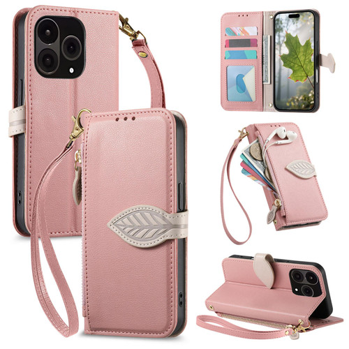 Oneplus 15 Leaf Buckle Zipper Wallet Leather Phone Case with Strap - Pink