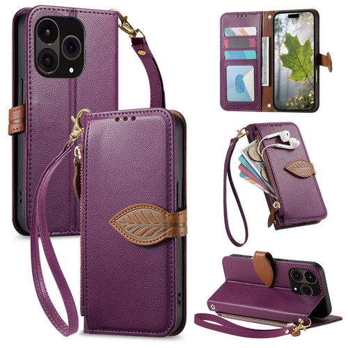 Oneplus 15 Leaf Buckle Zipper Wallet Leather Phone Case with Strap - Purple