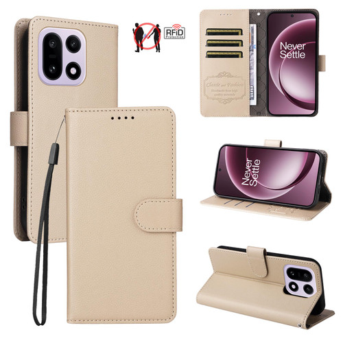 OnePlus 15 Litchi Texture RFID Blocking 3-Card Wallet Leather Phone Case - Beige