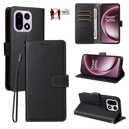 OnePlus 15 Litchi Texture RFID Blocking 3-Card Wallet Leather Phone Case - Black
