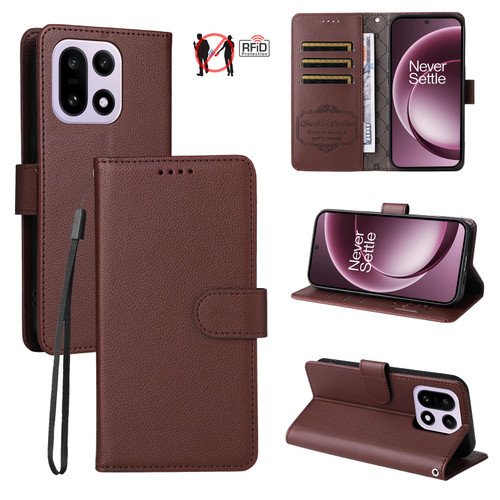 OnePlus 15 Litchi Texture RFID Blocking 3-Card Wallet Leather Phone Case - Brown