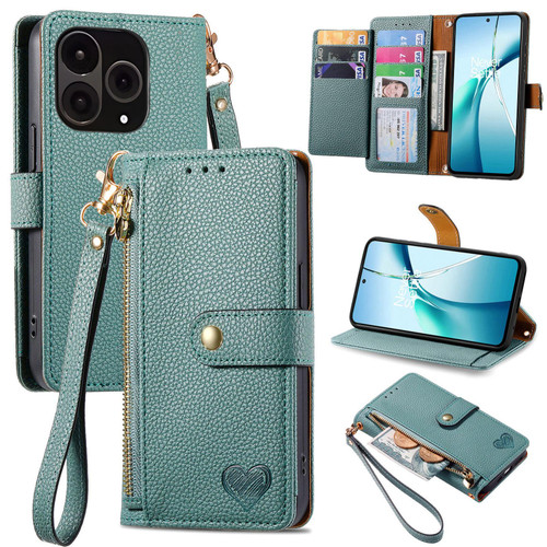 OnePlus 15 Love Zipper Lanyard Leather Phone Case - Green