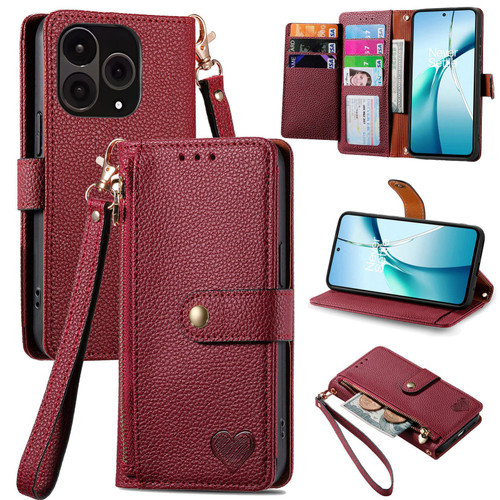 OnePlus 15 Love Zipper Lanyard Leather Phone Case - Red