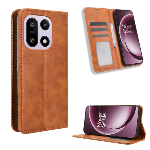 OnePlus 15 Magnetic Buckle Retro Texture Leather Phone Case - Brown