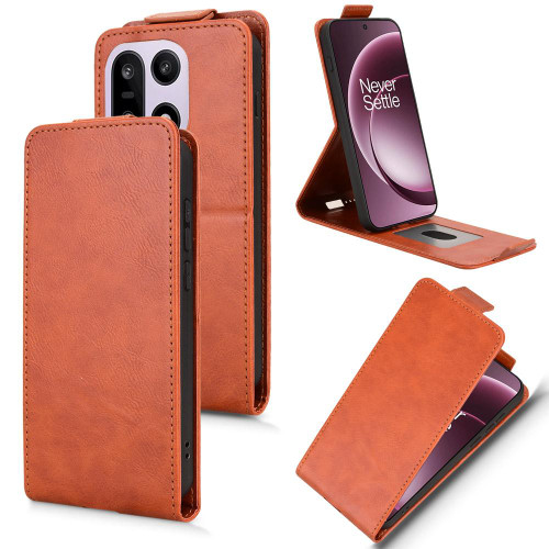 OnePlus 15 Magnetic Vertical Flip Leather Phone Case with Buckle - Brown