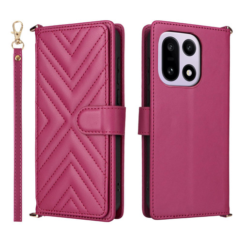 OnePlus 15 Multifunctional 6-Card Slots Leather Phone Case with Wrist Strap - Rose Red