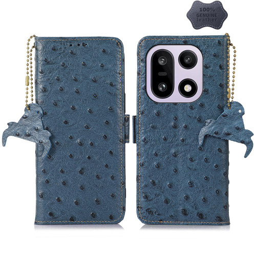 OnePlus 15 Ostrich Pattern Genuine Leather RFID Phone Case - Blue