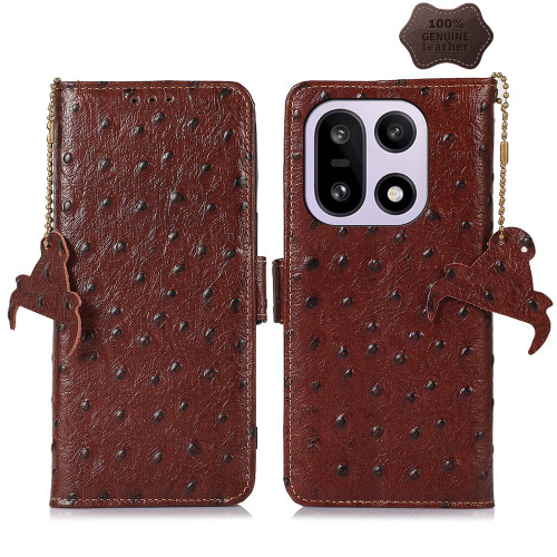 OnePlus 15 Ostrich Pattern Genuine Leather RFID Phone Case - Coffee