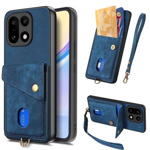 OnePlus 15 Retro Card Wallet Fold Leather Phone Case with Strap - Blue