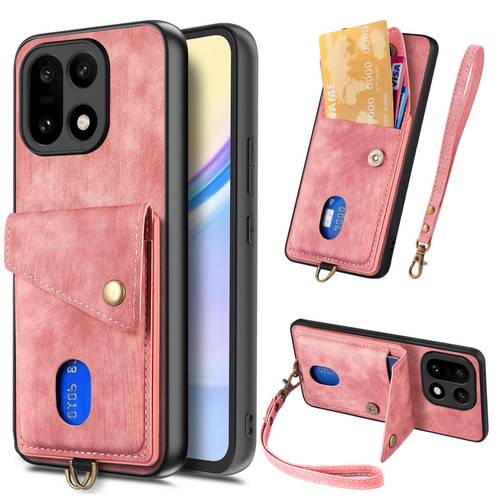 OnePlus 15 Retro Card Wallet Fold Leather Phone Case with Strap - Pink