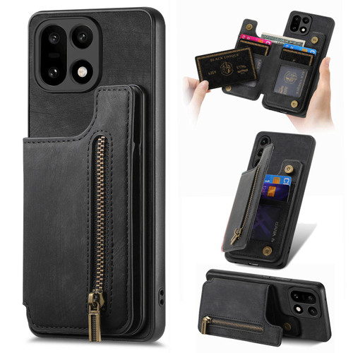 OnePlus 15 Retro Leather Zipper Wallet Back Phone Case - Black