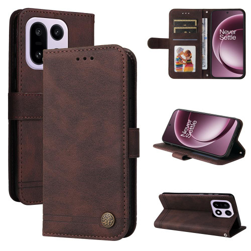 OnePlus 15 Skin Feel Life Tree Metal Button Leather Phone Case - Brown
