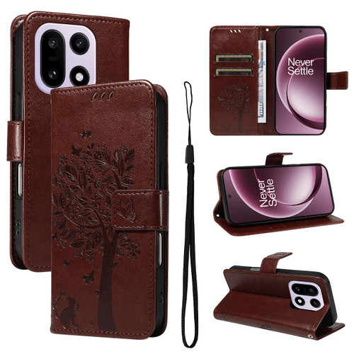 OnePlus 15 Tree & Cat Embossed Pattern Flip Leather Phone Case - Coffee