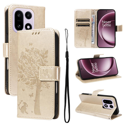 OnePlus 15 Tree & Cat Embossed Pattern Flip Leather Phone Case - Gold