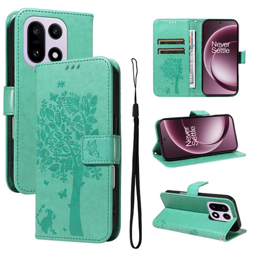 OnePlus 15 Tree & Cat Embossed Pattern Flip Leather Phone Case - Green