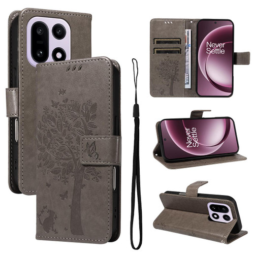 OnePlus 15 Tree & Cat Embossed Pattern Flip Leather Phone Case - Grey