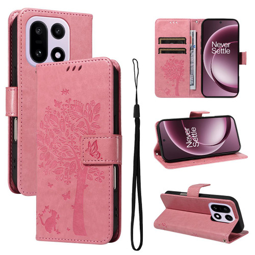 OnePlus 15 Tree & Cat Embossed Pattern Flip Leather Phone Case - Pink