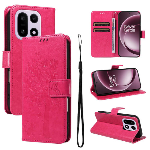 OnePlus 15 Tree & Cat Embossed Pattern Flip Leather Phone Case - Rose Red