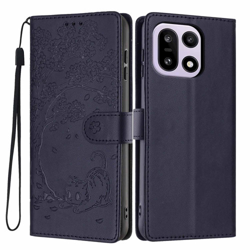 OnePlus 15 Tree Cat Embossed Flip Vegan Leather Phone Case - Dark Blue