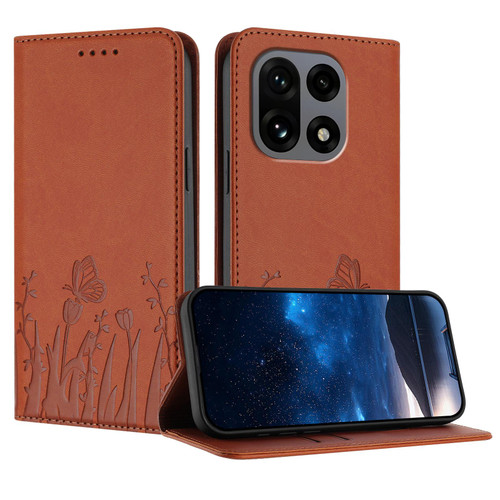 OnePlus 15 Tulips Butterfly Pattern Magnetic Vegan Leather Phone Case - Coffee