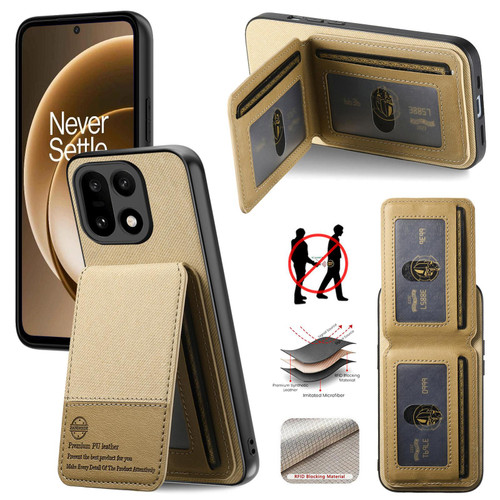 OnePlus 15 Twill Fabric Leather Vertical Flip RFID Card Bag Phone Case - Khaki