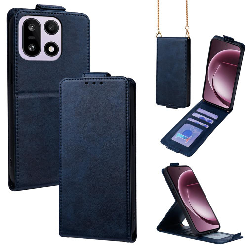 OnePlus 15 Vertical Flip Cover Solid Color Vegan Leather Phone Case with Crossbody Chain - Blue
