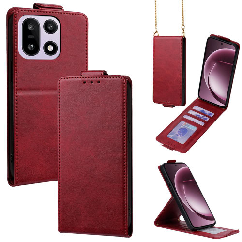 OnePlus 15 Vertical Flip Cover Solid Color Vegan Leather Phone Case with Crossbody Chain - Red