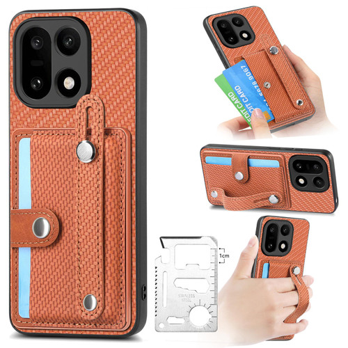 Oneplus 15 Wristband Kickstand Wallet Back Phone Case with Tool Knife - Brown