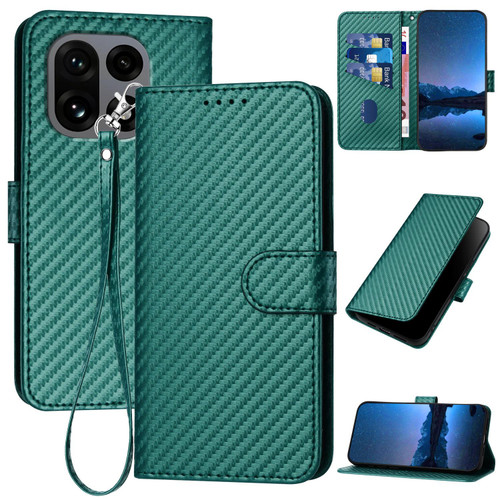 OnePlus 15 YX0070 Carbon Fiber Buckle Leather Phone Case with Lanyard - Dark Green