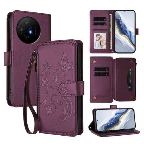 TCL 50 XL 5G Butterfly Love Flower Multi-card Zipper Wallet Leather Phone Case - Dark Purple