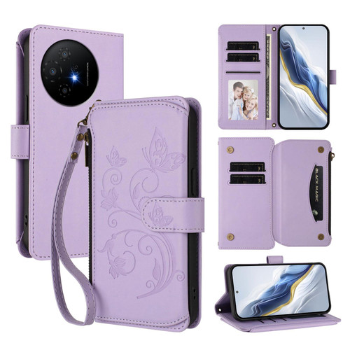 TCL 50 XL 5G Butterfly Love Flower Multi-card Zipper Wallet Leather Phone Case - Light Purple