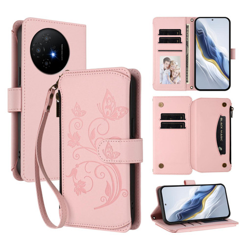 TCL 50 XL 5G Butterfly Love Flower Multi-card Zipper Wallet Leather Phone Case - Pink