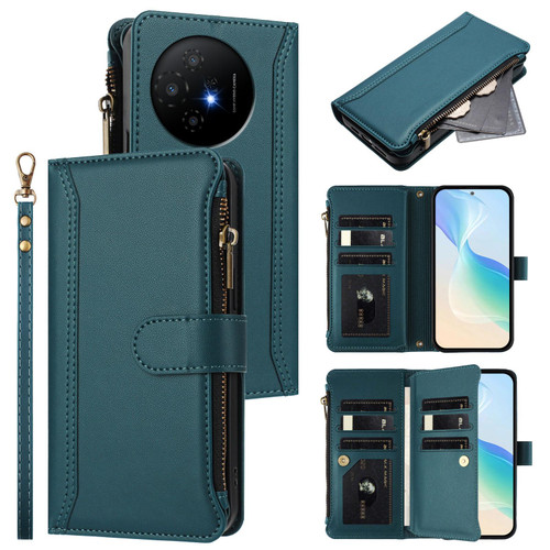 TCL 50 XL 5G Magnetic Closure 9 Card Slots Zipper Leather Case with Hand Strap - Dark Green