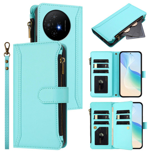 TCL 50 XL 5G Magnetic Closure 9 Card Slots Zipper Leather Case with Hand Strap - Mint Green