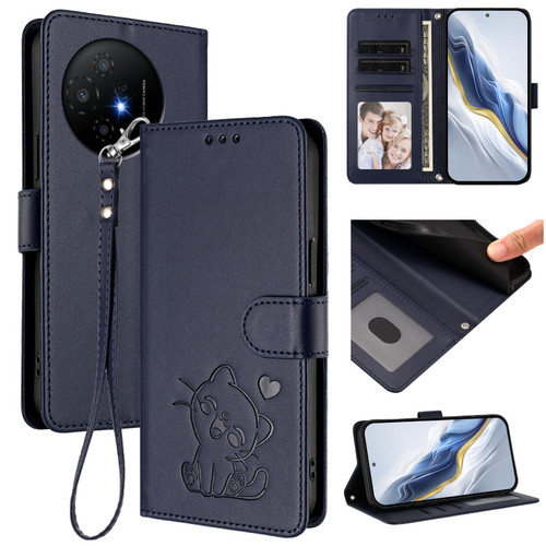 TCL 50 XL 5G Embossed Heart Cat Leather Phone Case with Hand Strap - Blue