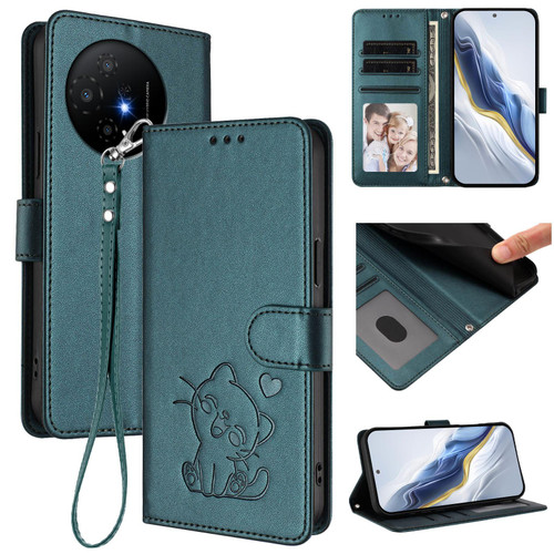 TCL 50 XL 5G Embossed Heart Cat Leather Phone Case with Hand Strap - Dark Green