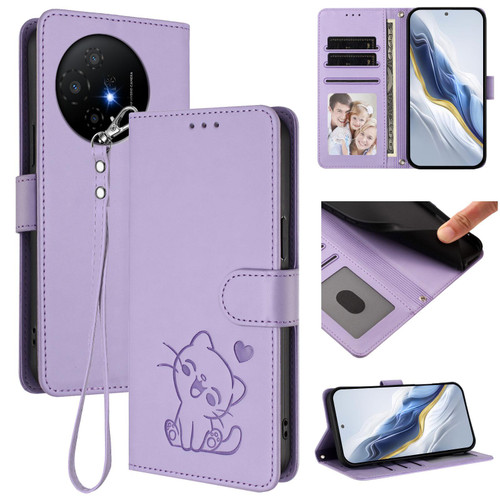 TCL 50 XL 5G Embossed Heart Cat Leather Phone Case with Hand Strap - Light Purple