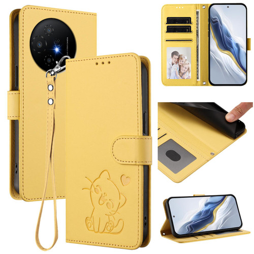 TCL 50 XL 5G Embossed Heart Cat Leather Phone Case with Hand Strap - Yellow