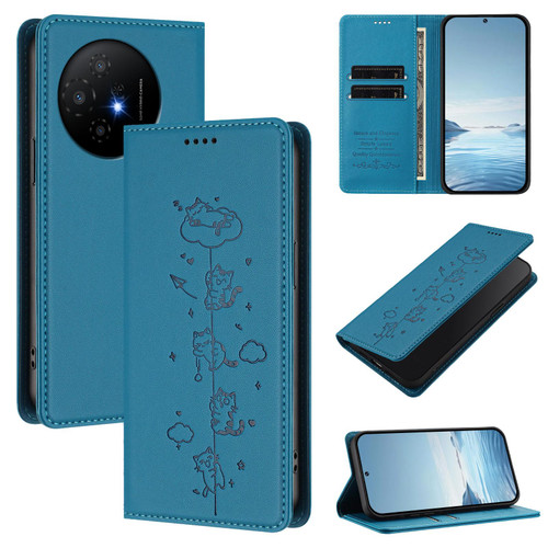TCL 50 XL 5G Cute Cats Embossed Magnetic RFID Vegan Leather Phone Case - Lake Blue