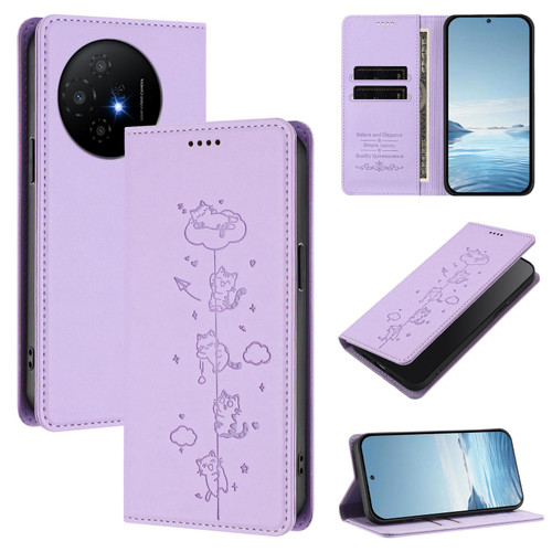 TCL 50 XL 5G Cute Cats Embossed Magnetic RFID Vegan Leather Phone Case - Light Purple
