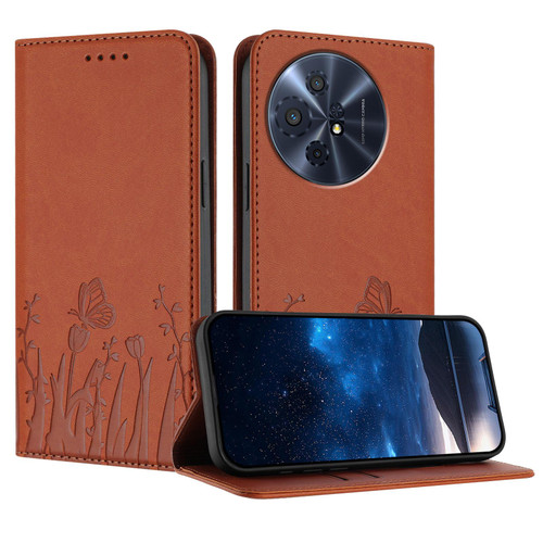 TCL 50 XL 5G Tulips Butterfly Pattern Magnetic Vegan Leather Phone Case - Coffee