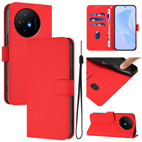 TCL 50 XL 5G Skin Feel Solid Color Leather Phone Case with Lanyard - Red