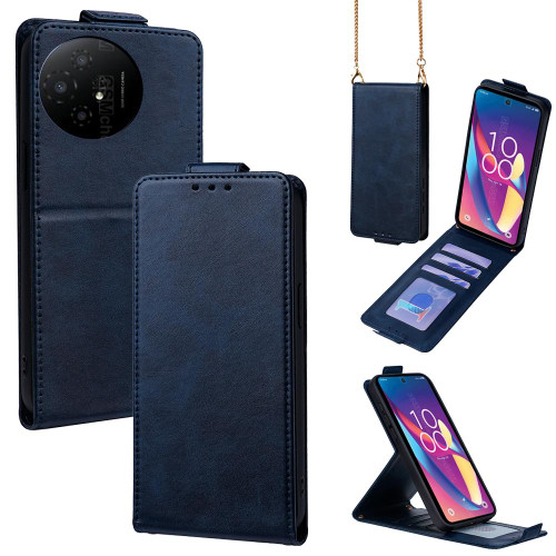 TCL 50 XL 5G Vertical Flip Cover Solid Color Vegan Leather Phone Case with Crossbody Chain - Blue