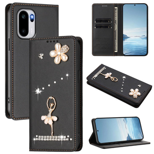 OnePlus 15R Ballet Girl Diamond Studded RFID Vegan Leather Phone Case - Black